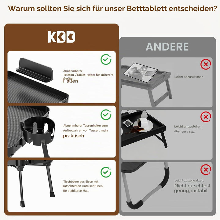 KDD Betttablett Tisch mit Klappbaren Beinen, Frühstückstablett fürs Bett mit Abnehmbarem Getränkehal