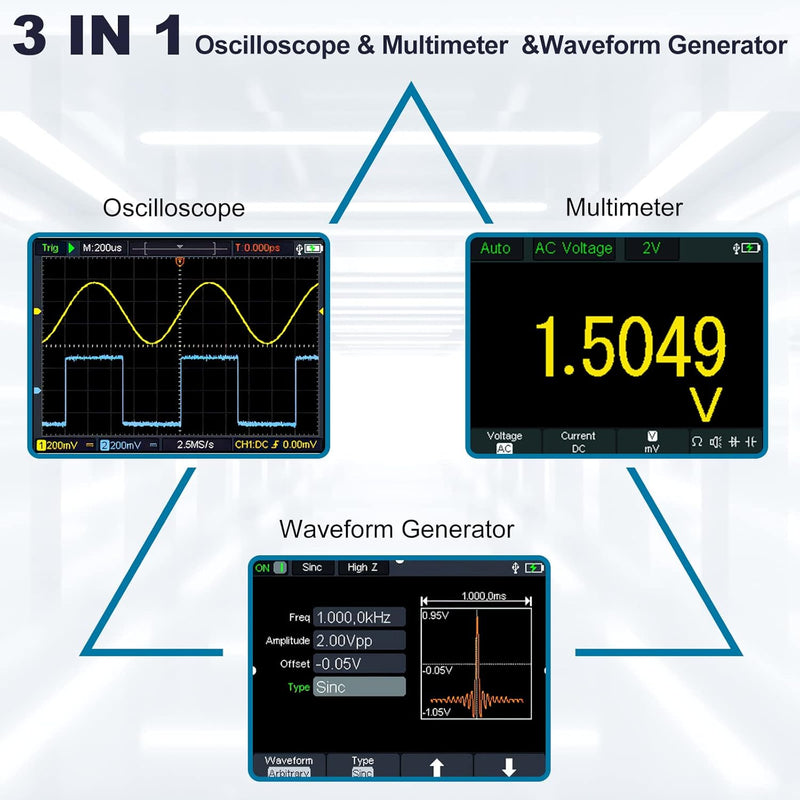 HANMATEK 3 in 1 Handheld Oszilloskop Multimeter 100MHz Wellenformgenerator Oszilloskop mit 2 Kanälen