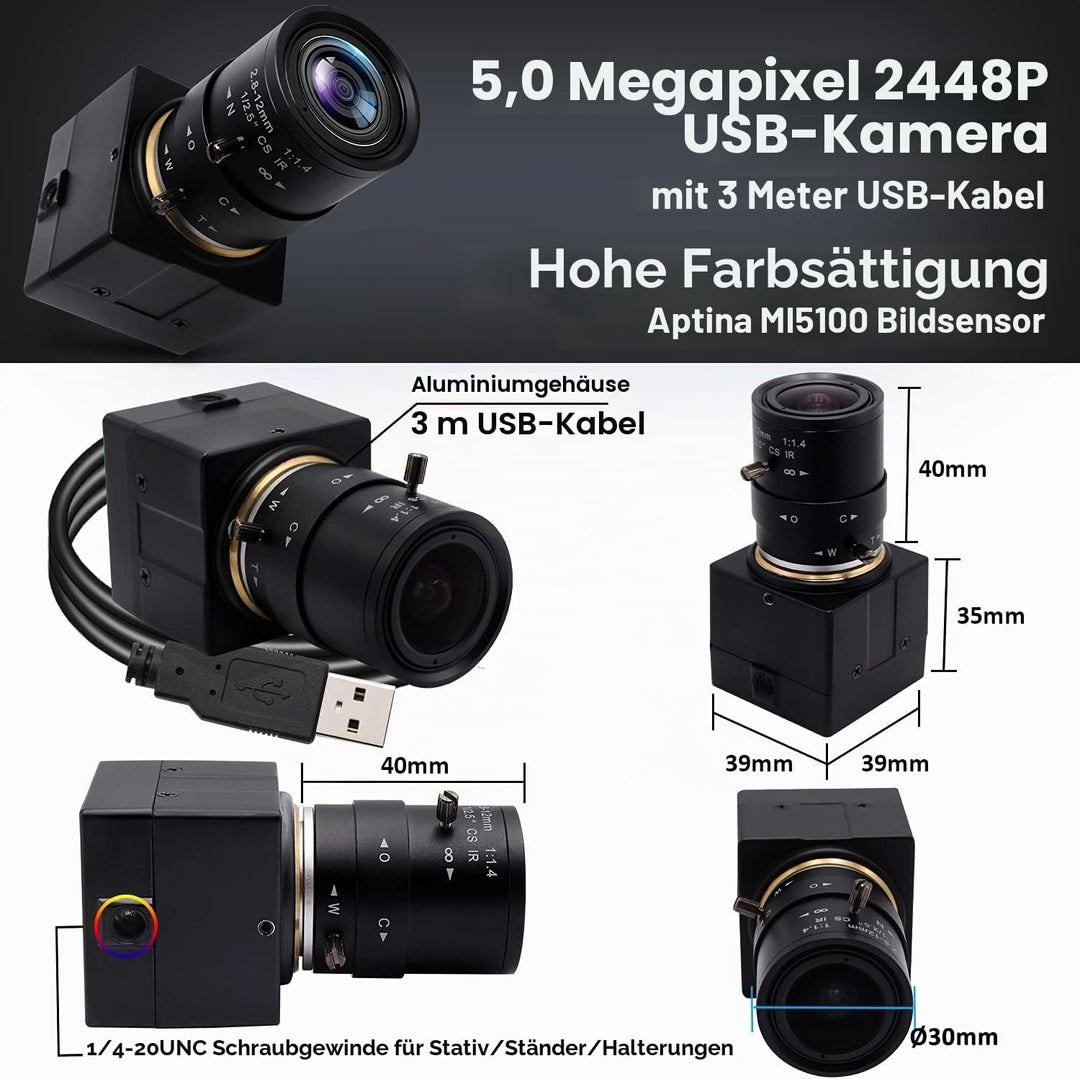 Svpro 5 MP USB-Kamera mit Zoom 2,8-12 mm Objektiv, Hochauflösende 2952 x 1944 Weitwinkel-Webcam Bren