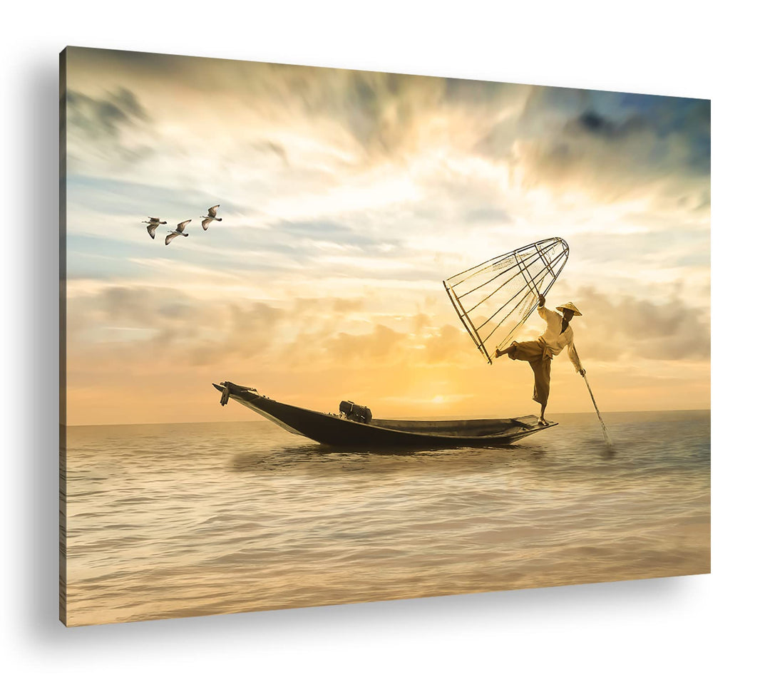 deyoli verspielter Fischer auf seinem Boot Format: 80x60 als Leinwandbild, Motiv fertig gerahmt auf