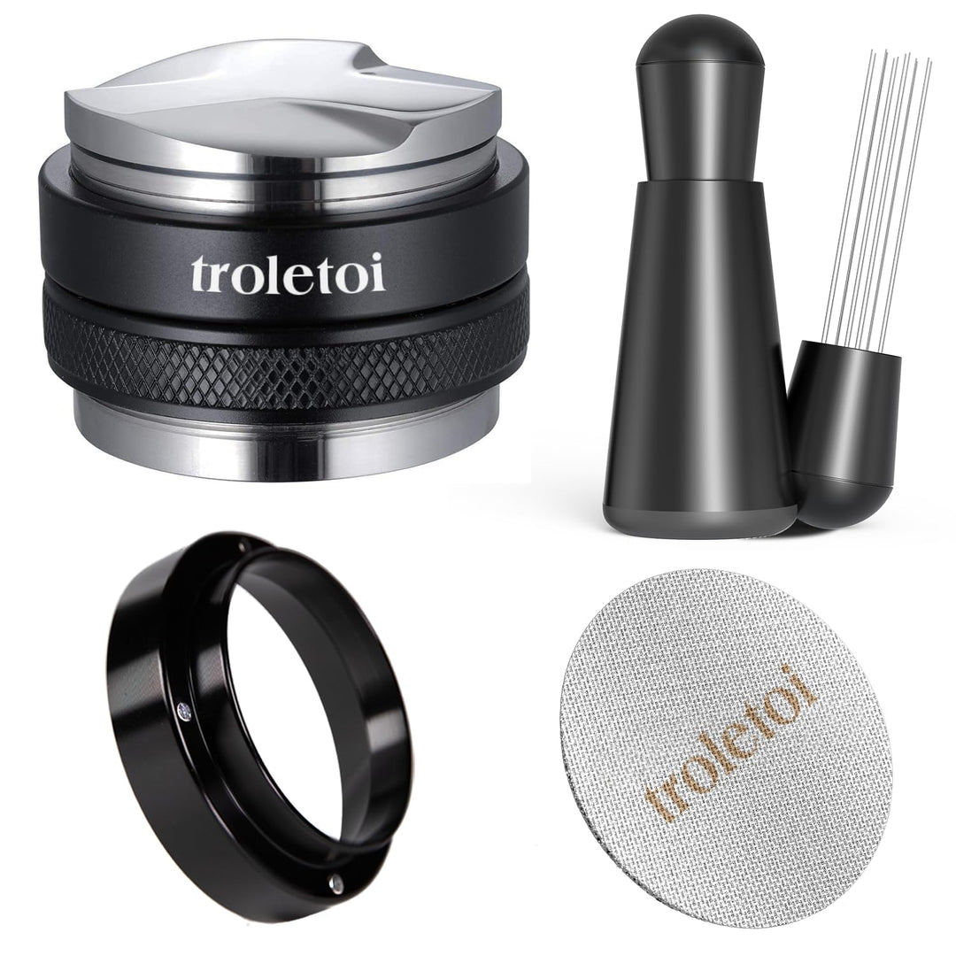 51mm Espresso Zubehör Set, 2-in-1 Tamper und Kaffee Distributor, WDT Tool, Dosiertrichter und Puck S