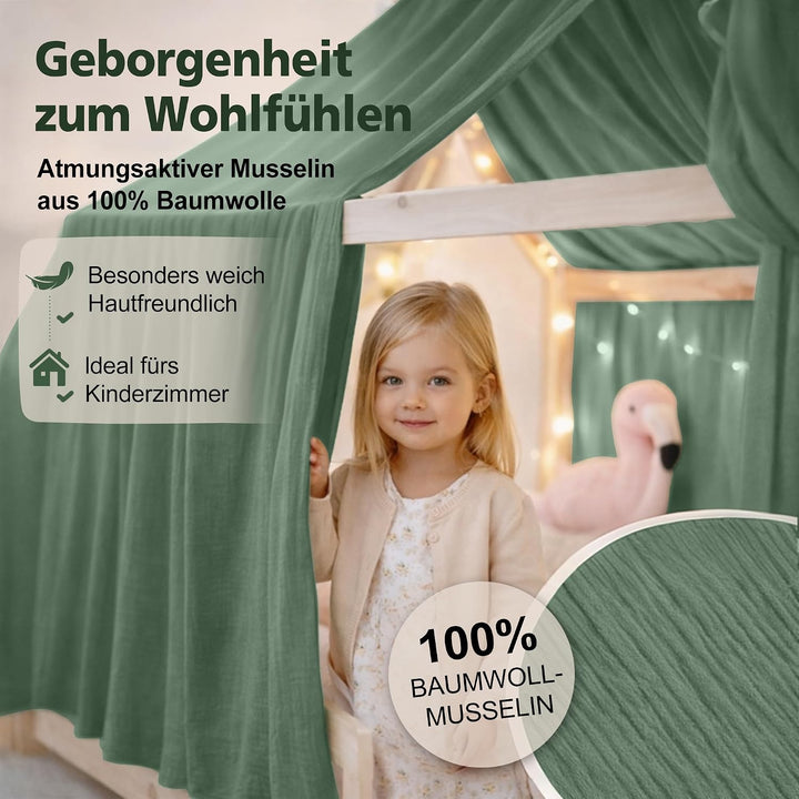 Hausbett Himmel Kinder Betthimmel Kinderbett mit 3m Wimpelkette, Dunkelgrün Dunkelgrün H270 x B135 c