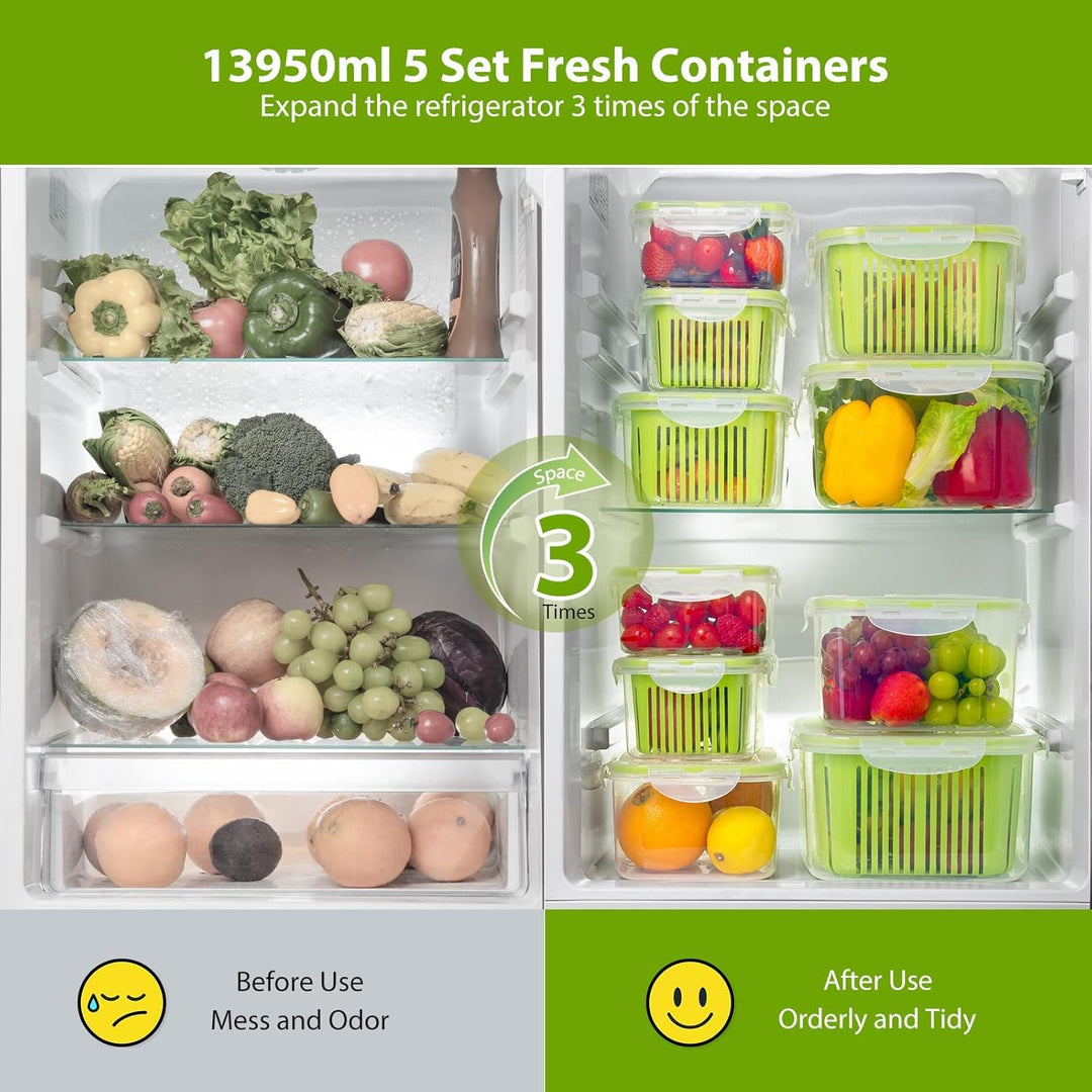 Luxear Frischhaltedosen Obst Gemüse mit Deckel Sieb, Vorratsdosen 5 Set 5,8L+3,8L+2,3L+1,3L+0,7L BPA
