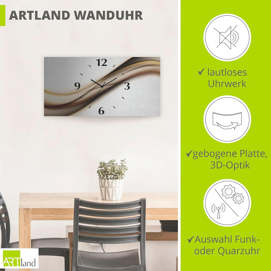 ARTLAND Wanduhr ohne Tickgeräusche Alu Quarzuhr 50x25 cm Eckig Lautlos 3D Design Welle Abstrakt Mode