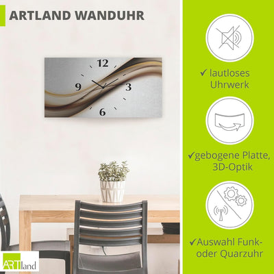 ARTLAND Wanduhr ohne Tickgeräusche Alu Funkuhr 50x25 cm Eckig Lautlos 3D Design Welle Abstrakt Moder