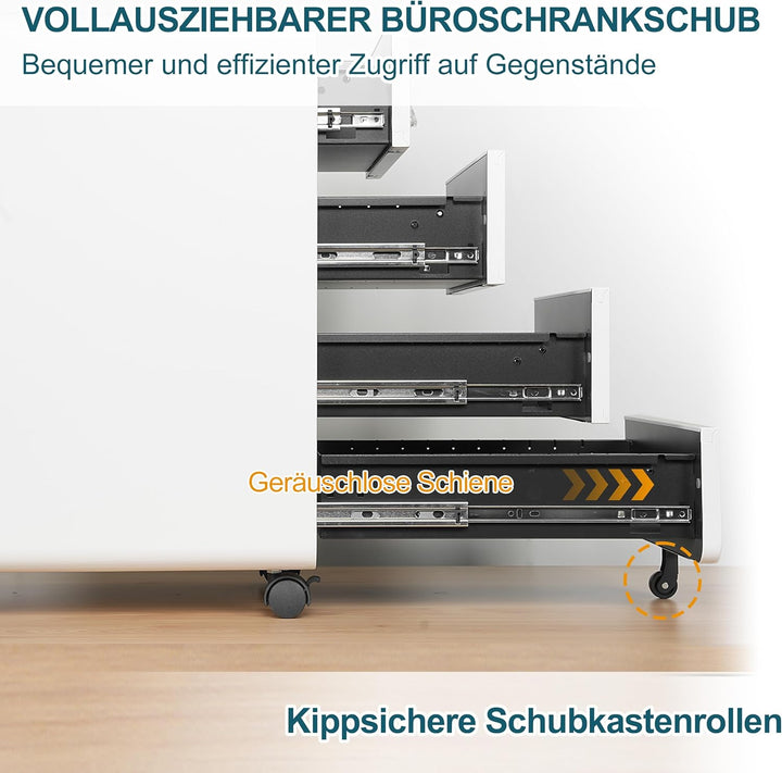 Rollcontainer mit 4 Schubladen, Aktenschrank, Abgerundetes Eckendesign, Abschliessbar, 4 Schlüsseln,