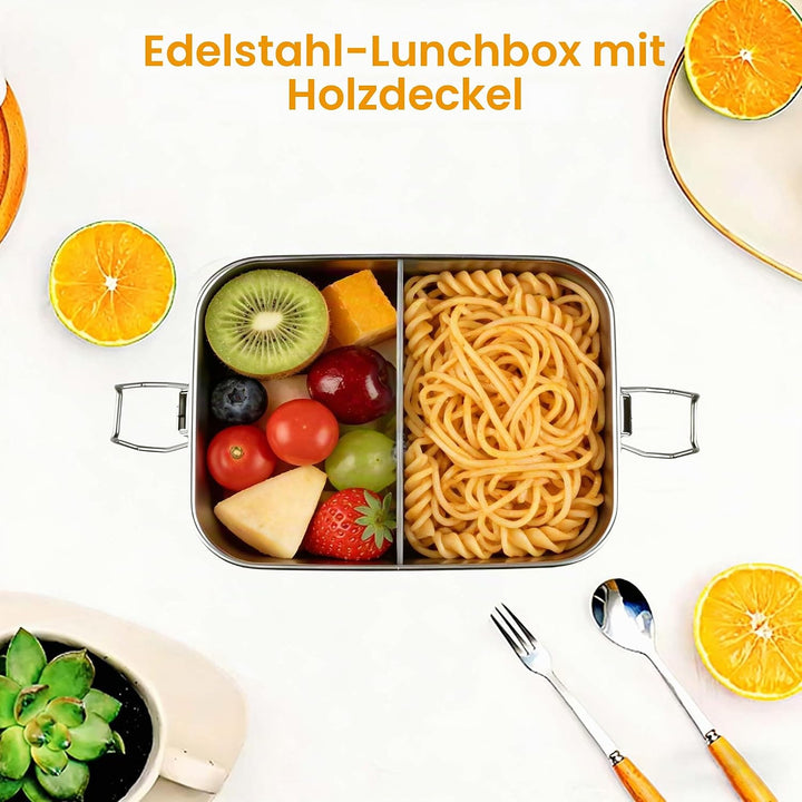 Bento Lunchbox Für Erwachsene/Kinder Edelstahl Brotdose Und Lunchbox Metalldose Mit Holzdeckel Jause