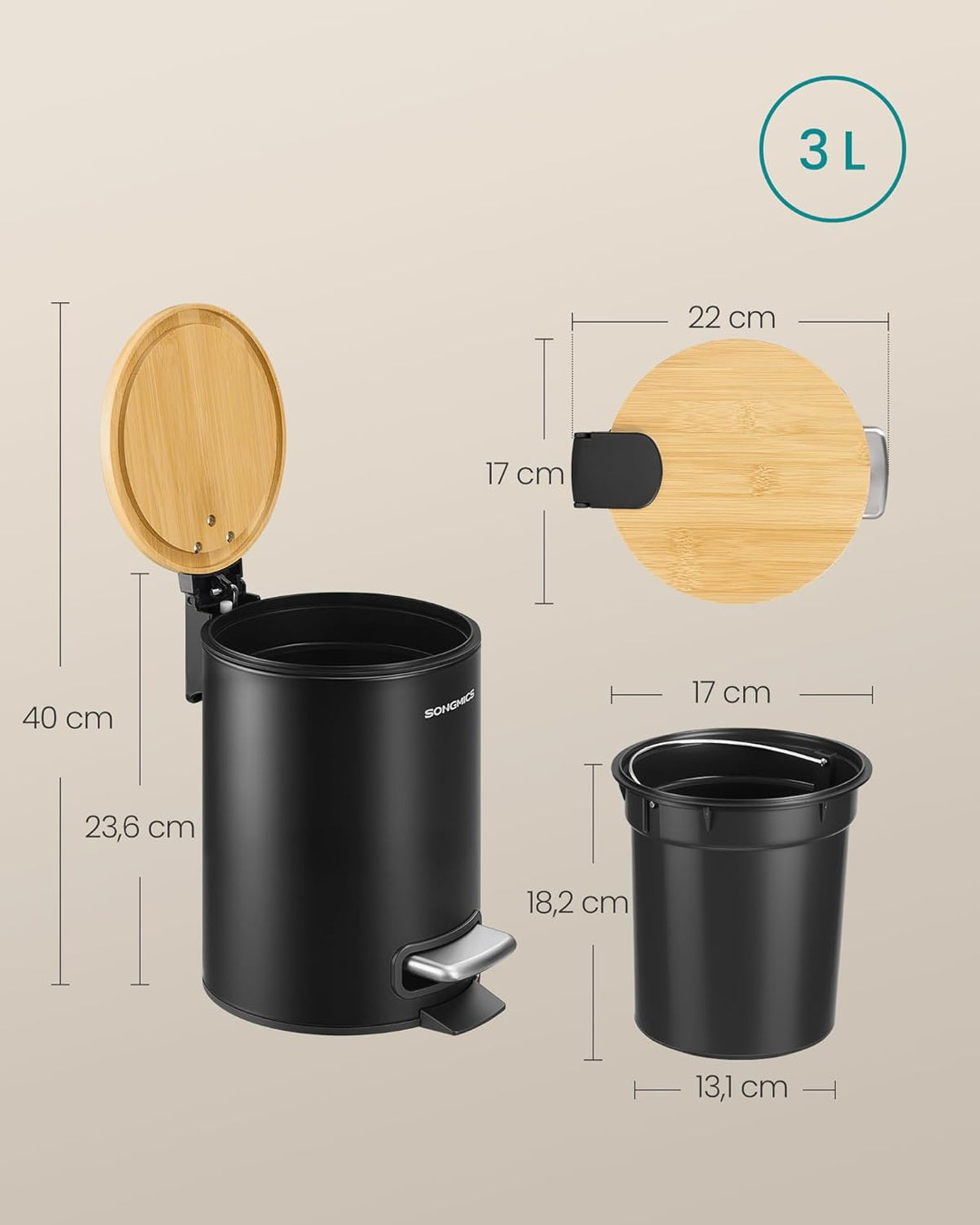 SONGMICS Kosmetikeimer, Mülleimer Bad, mit Deckel aus Bambus, Tretmülleimer mit Metallpedal, Innenei