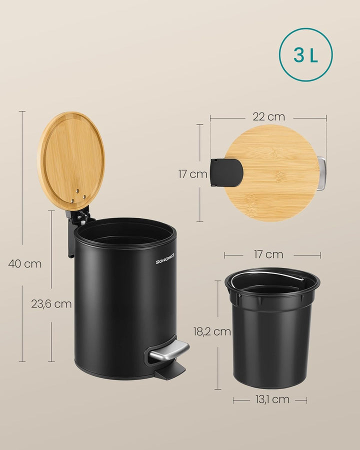 SONGMICS Kosmetikeimer, Mülleimer Bad, mit Deckel aus Bambus, Tretmülleimer mit Metallpedal, Innenei