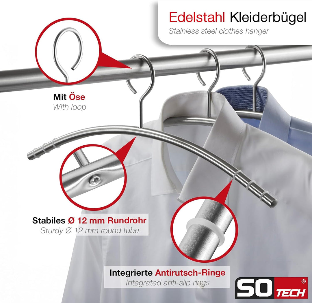 SOTECH 5 Stück Design Kleiderbügel Edelstahl SS201 mit Antirutschringen (Öse 360 Grad drehbar, Rundr