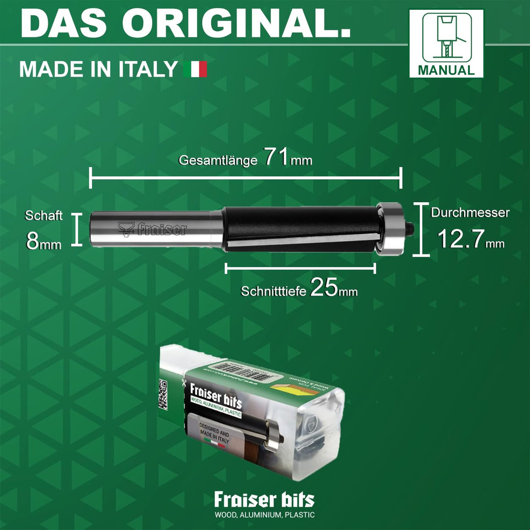 Fraiser Bündigfräser mit oberem Kugellager – 2 gerade Schneiden aus Hartmetall, Schneiddurchmesser 1