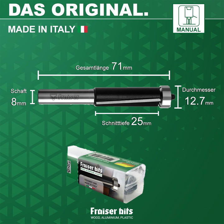 Fraiser Bündigfräser mit oberem Kugellager – 2 gerade Schneiden aus Hartmetall, Schneiddurchmesser 1