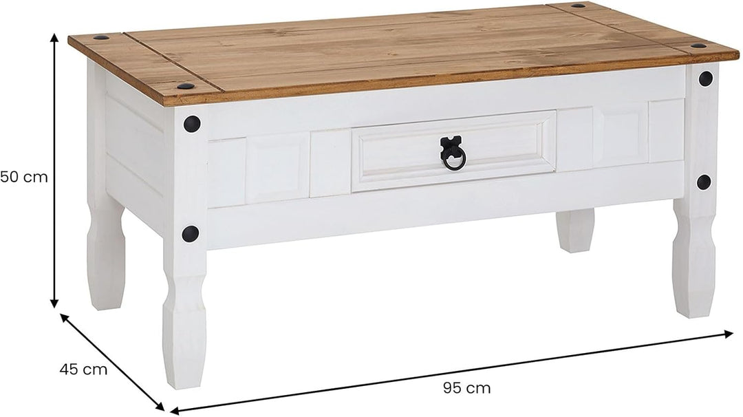 CARO-Möbel Couchtisch Campo im Mexiko-Stil Wohnzimmertisch Beistelltisch Kiefer massiv, braun/weiss