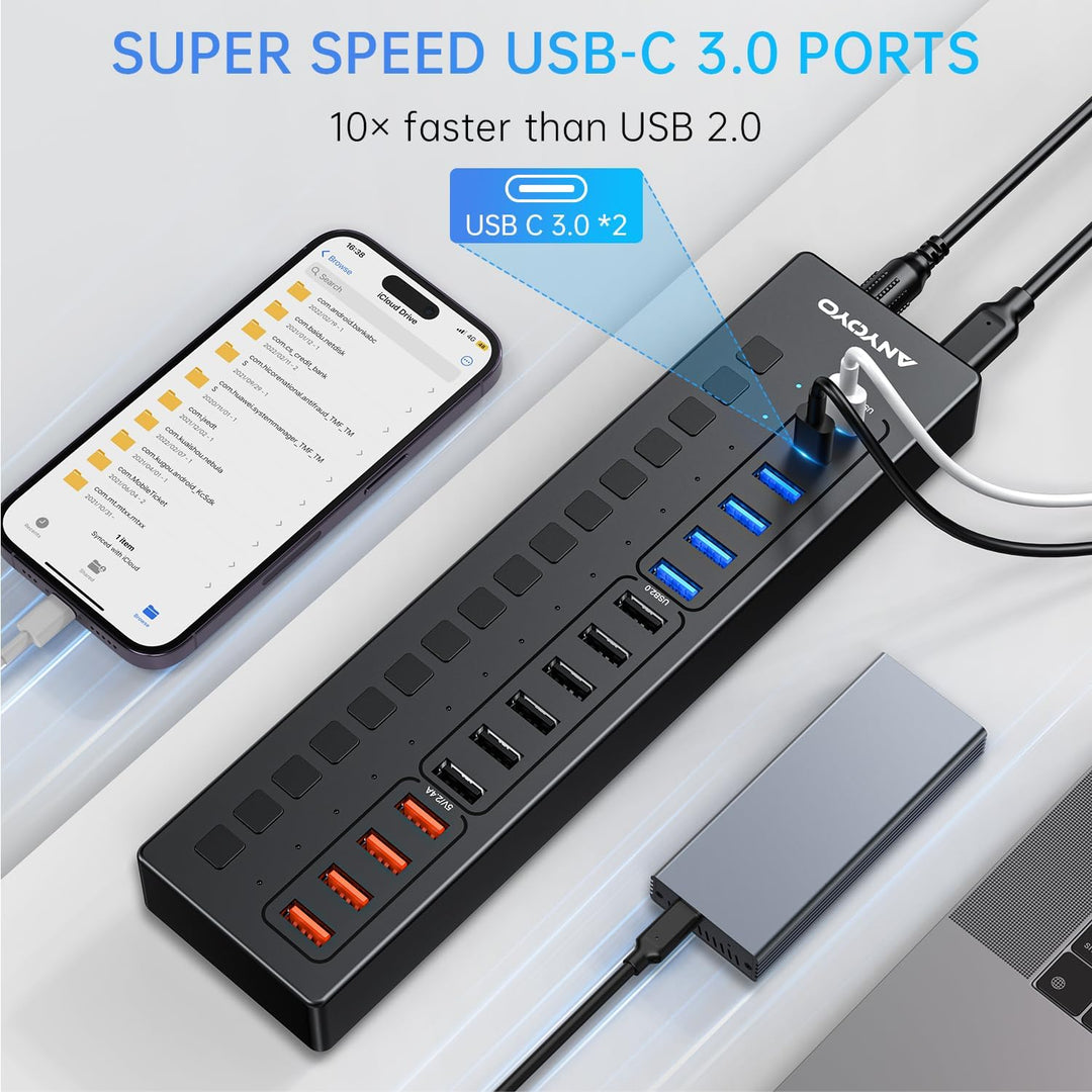 USB C Hub Aktiv, ANYOYO 16 In 1 USB 3.0 Hub mit Netzteil(60W) Powered USB Hub mit 4 Ladeanschluss，US