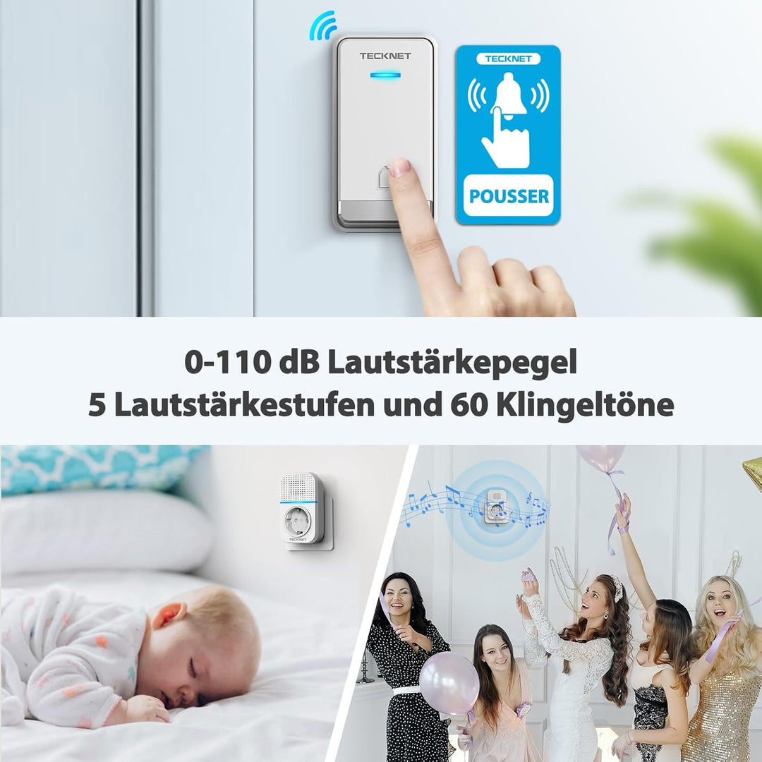 TECKNET Kabellose Türklingel Batterielose, Steckdosen-Funkklingel Wasserdicht Drahtloses Türklingel