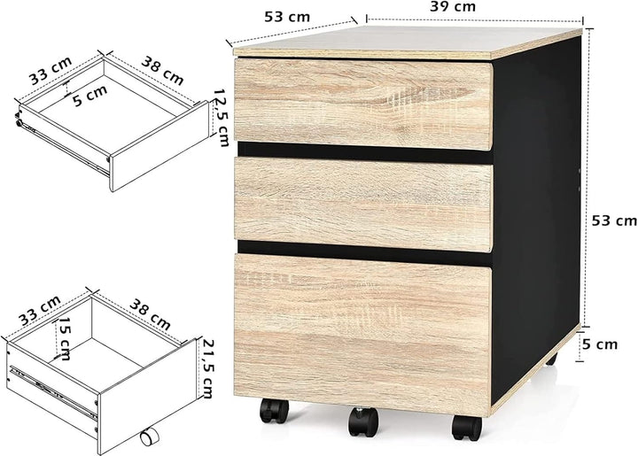 GIANTEX Rollcontainer auf Rollen, Aktenschrank 3 Schubladen, Büroschrank Dokumente Schrank rollbar m
