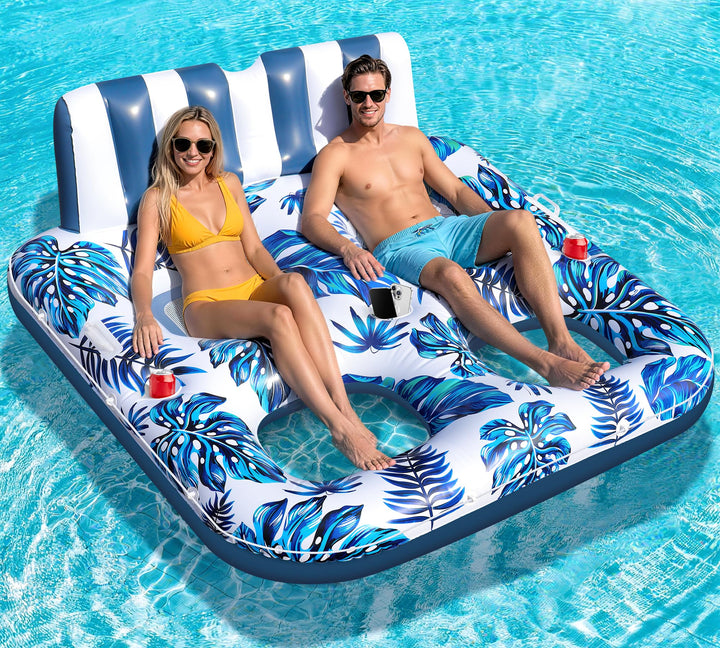 LuxBlue Pool Sessel Aufblasbar 2 Personen, Schwimmsessel für Pools Erwachsene mit Getränkehalter&Gri