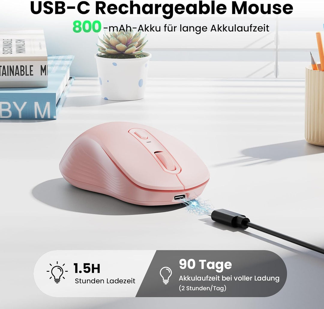 TECKNET Bluetooth Maus, PC Maus Kabellos, Wiederaufladbar Computer Maus 4800 DPI, (BT 5.0/3.0+2.4 GH