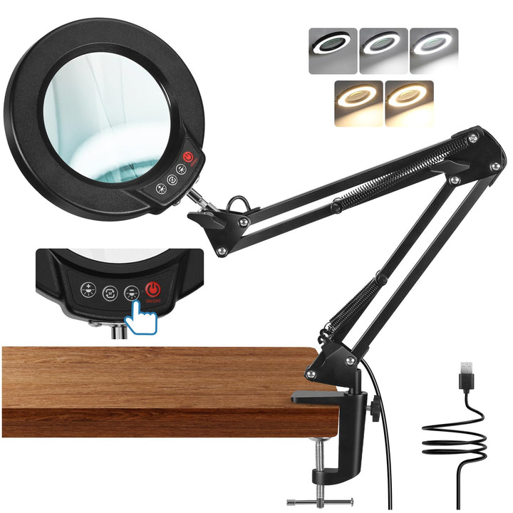 10X Lupe mit Licht und Klemme, LED Lupenlampe mit Glaslinse, 5 Farbmodi Stufenlosem Dimmen, Lupe mit