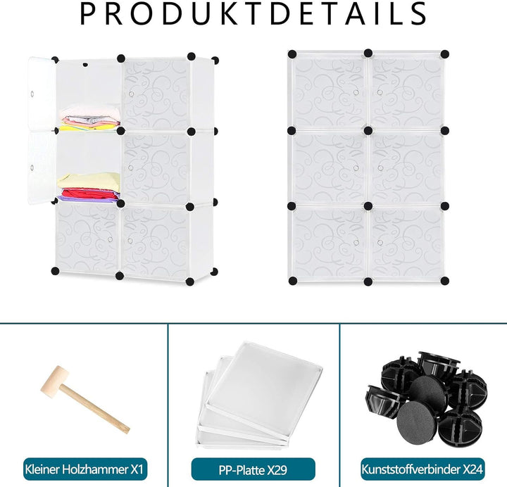YUENFONG Kleiderschrank Regalsystem aus 6 Würfeln PP Material, Garderobenschrank mit Türen Tragbarer