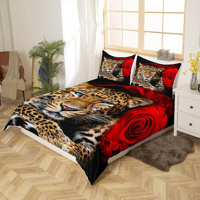 Homewish Leopard Bettbezug, Cheetah Bettwäscheset Rose Blume Trösterbezug 135x200, Für Kinder Jungen