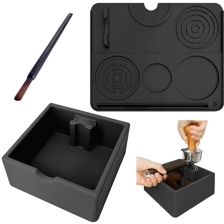 3 Stück Silikon Abklopfbehälter Set für Siebträger - Inkl. Schwarz Tampermatte (25x20cm), Knock Box