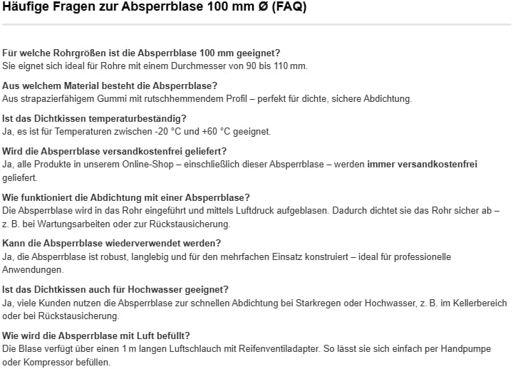 Absperrblase Dichtkissen Rohrdichtkissen Pipeplug Testplug kurz 100 mm Ø geeignet für Rohrdurchmesse