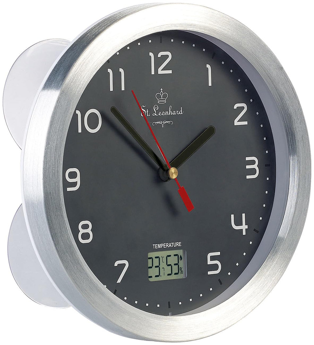 St. Leonhard Tischuhr: Badezimmer-Funk-Wanduhr, Thermo- und Hygrometer, Alu-Rahmen, Grau (Funk-Badez