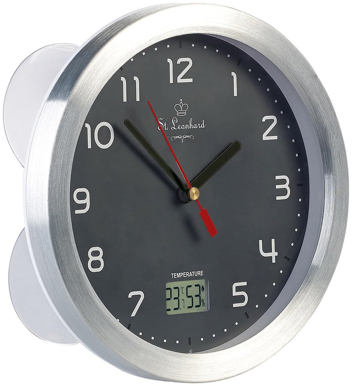 St. Leonhard Tischuhr: Badezimmer-Funk-Wanduhr, Thermo- und Hygrometer, Alu-Rahmen, Grau (Funk-Badez