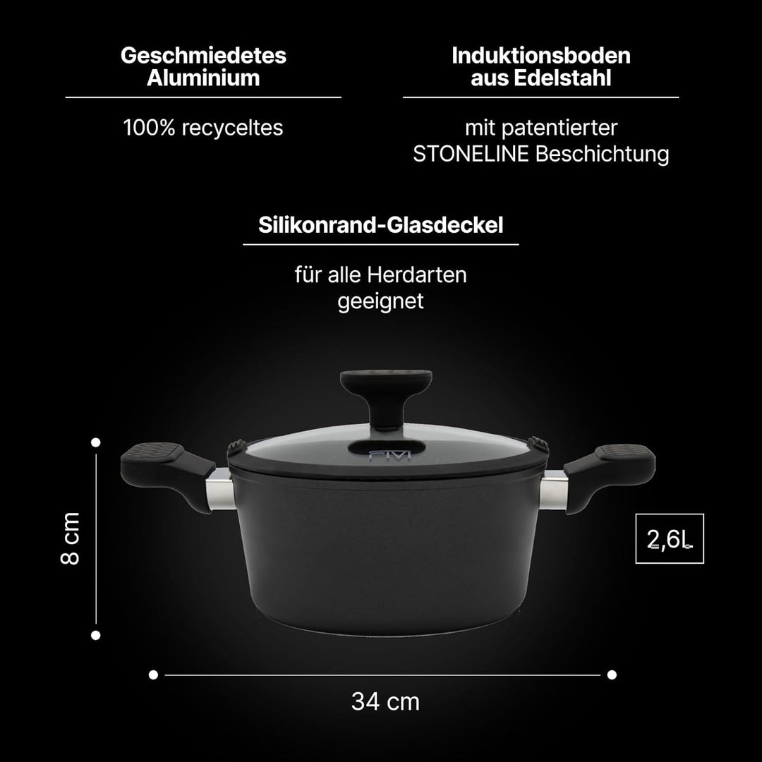 FIVI GUIDO Kochtopf 20 cm – 2,6l | Induktion geeignet | 100% recyceltes Aluminium | Glasdeckel mit S
