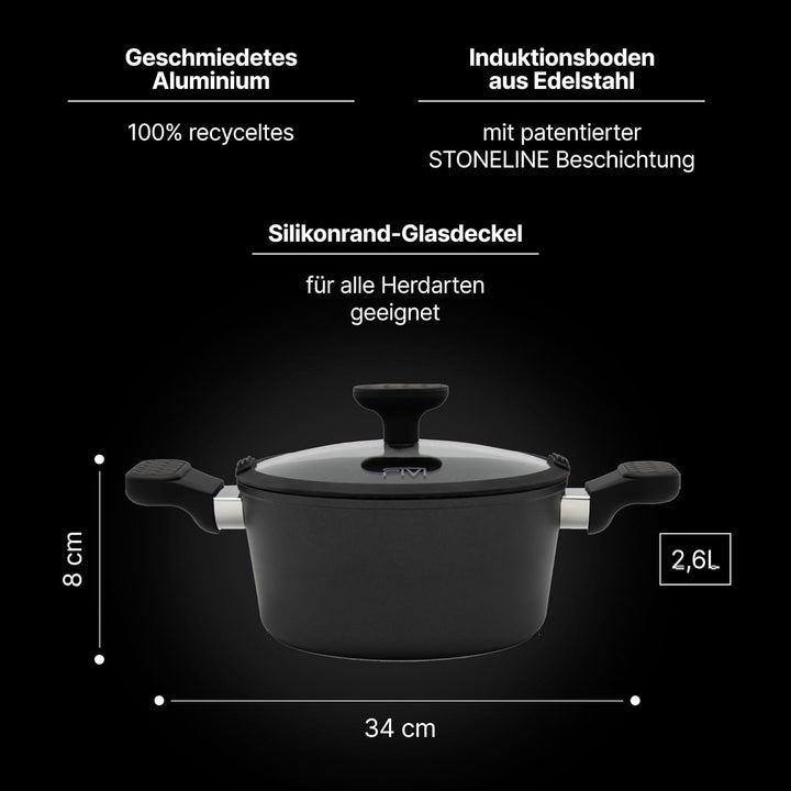 FIVI GUIDO Kochtopf 20 cm – 2,6l | Induktion geeignet | 100% recyceltes Aluminium | Glasdeckel mit S