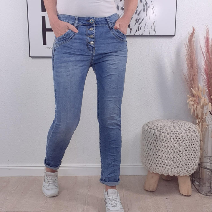 Karostar Damen Boyfriend Stretch Jeans mit offener Knopfleiste L Denim Special Pocket, L Denim Speci