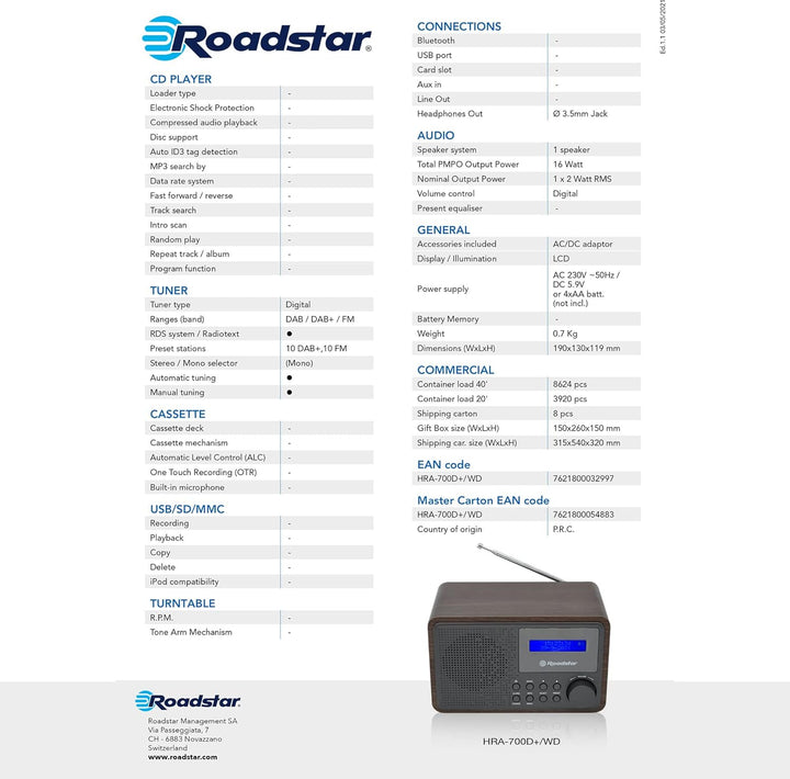 Roadstar HRA-700D+/WD Tragbares Radio Vintage Digital Dab/Dab+/FM funktioniert mit Netzwerk oder Bat