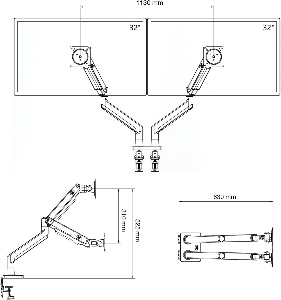 Tischhalterung mit Gasfeder für Zwei 22-32 Zoll LCD-Bildschirme mit VESA max. 100 x 100 mm, bis 15 k