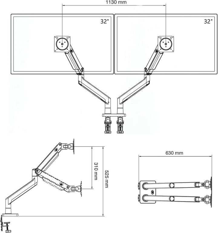 Tischhalterung mit Gasfeder für Zwei 22-32 Zoll LCD-Bildschirme mit VESA max. 100 x 100 mm, bis 15 k