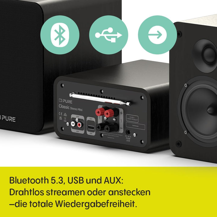 Pure Classic Stereo Mini Mikro HiFi Anlage mit CD-Player DAB+ Radio Bluetooth 5.3 USB AUX Kopfhörera