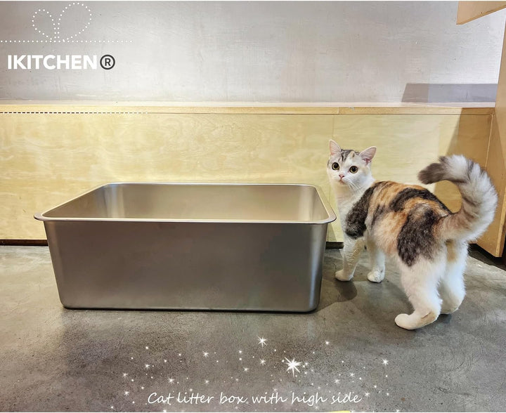 IKITCHEN Grosse Katzentoilette Edelstahl(60×40×20cm), Litter Box Katzenklo, Katzen und Kaninchen Met