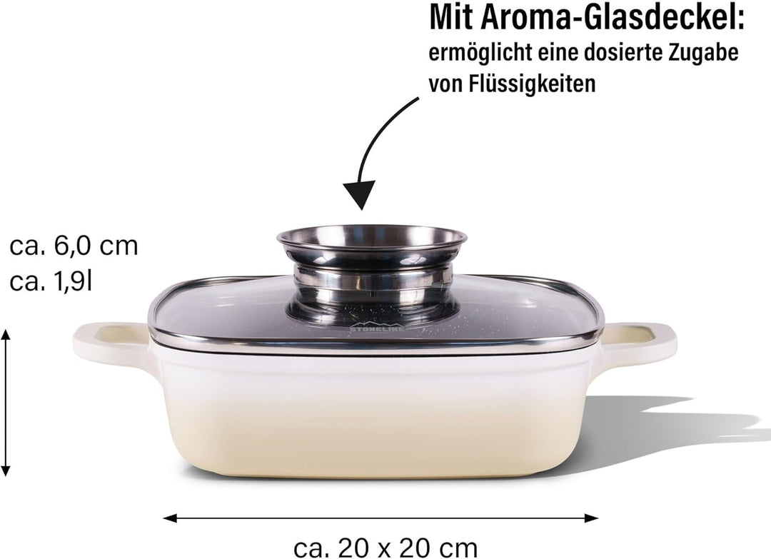 STONELINE Eckpfanne, 20x20 cm, mit Aroma Glasdeckel, Servierpfanne, Induktion, Aluguss, antihaft bes