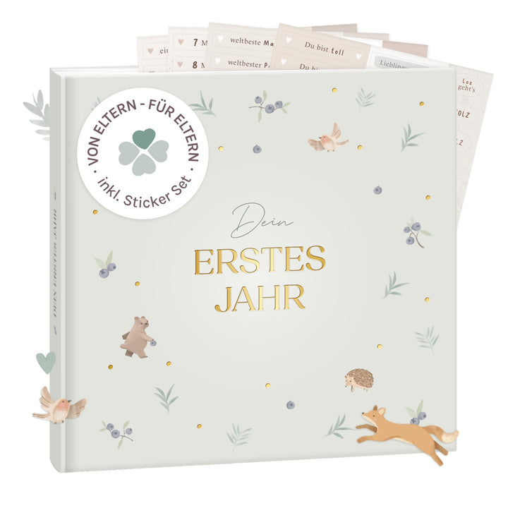 mintkind® Mein erstes Jahr Babyalbum Pattern Salbei – sanftes Babytagebuch mit 176 Seiten und Sticke