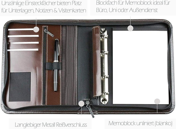 DELMON VARONE - Personalisierbare Ringbuch Schreibmappe DIN A5 aus Cambridge Top Grain Leder braun,