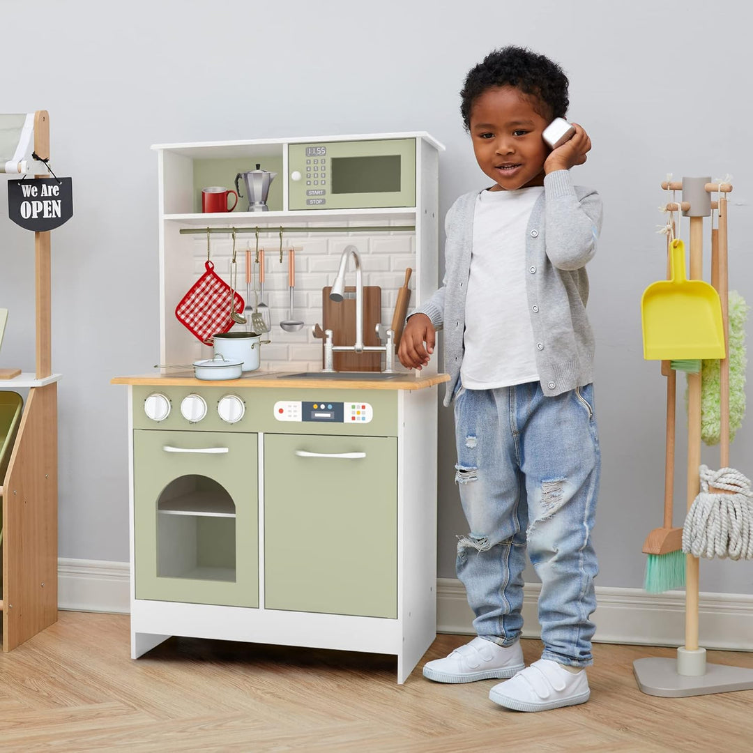 Teamson Kids Küche Für Kinder Aus Holz Little Chef Boston mit Interaktiven Funktionen &amp; 9 Kochzubehö