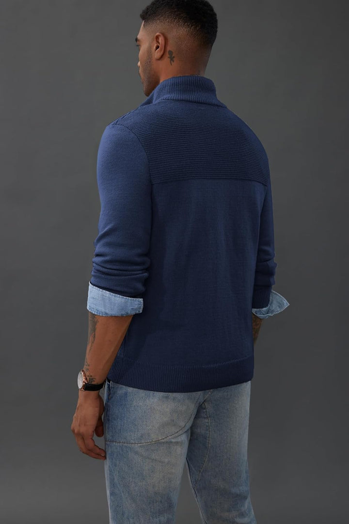 PaulJones Herren Half Zip Pullover Turtleneck mit V-Ausschnitt Langarm und Stehkragen S Dunkelblau,