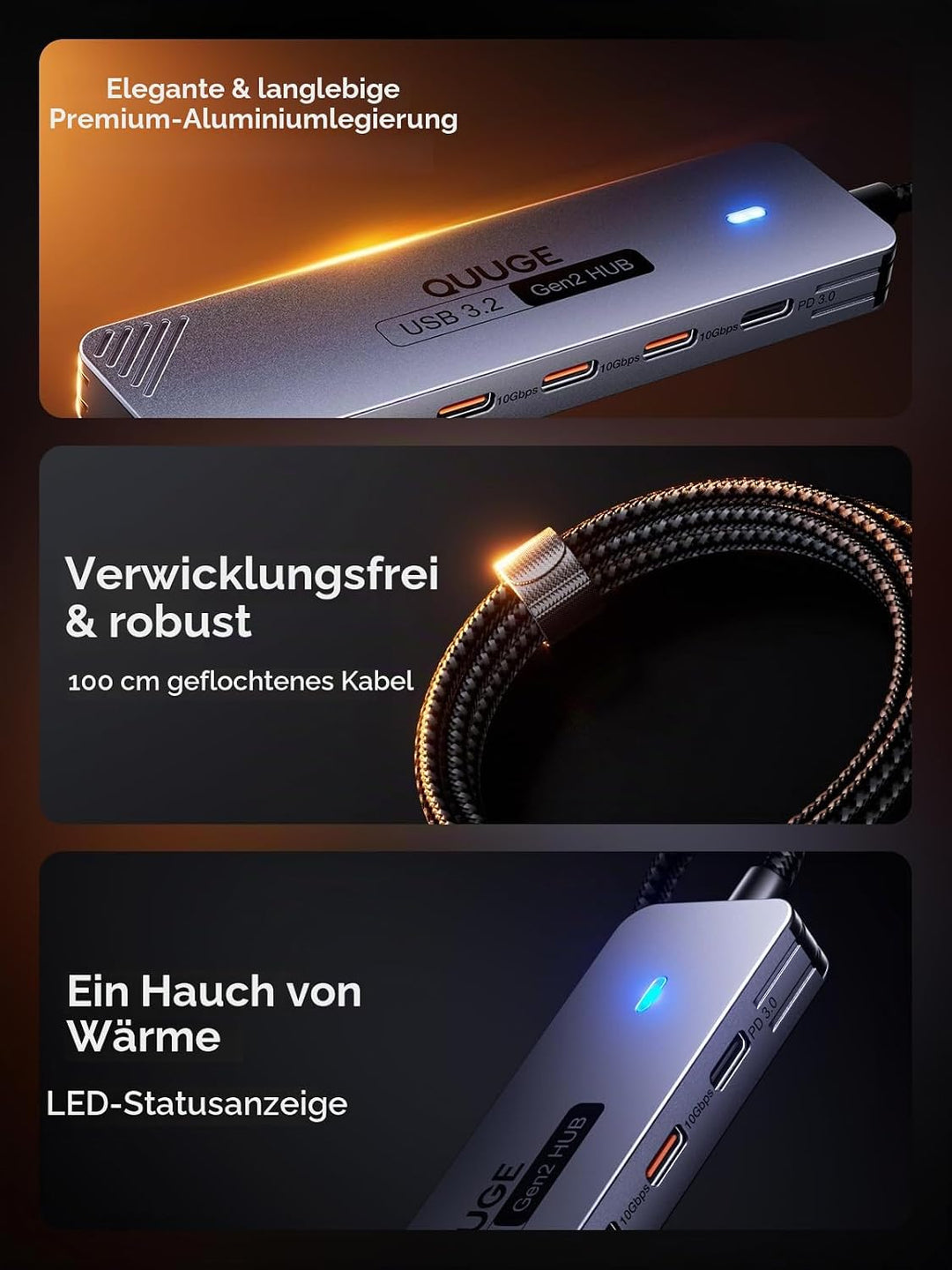 QUUGE USB C Hub 10 Gbps, PD100W, 4 USB 3.2 Datenports USB Splitter, Multiport Adapter USB Verteiler