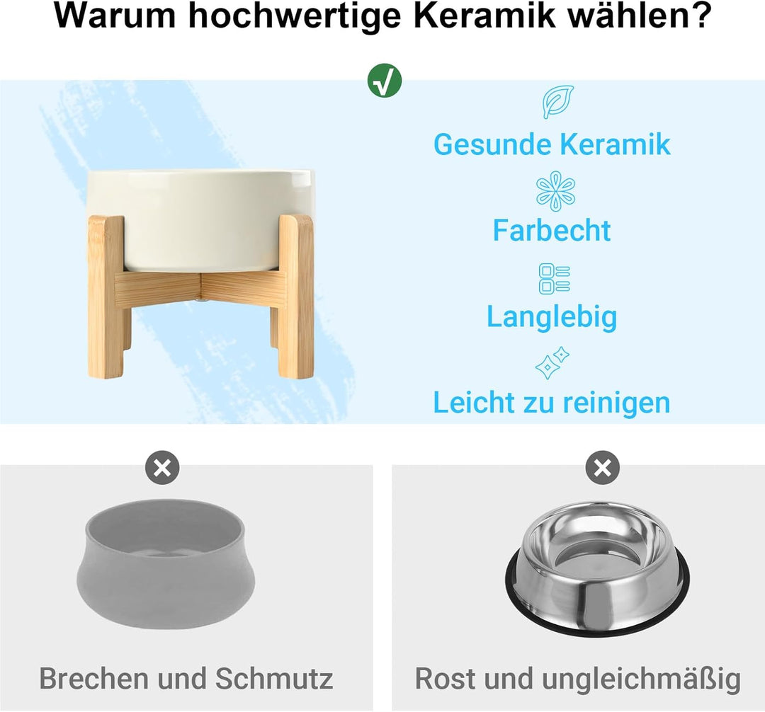 SPUNKYJUNKY Hundenapf Keramik Erhöhter Futternapf Set mit Bambus Ständer für Katzen und Hunde (400ml