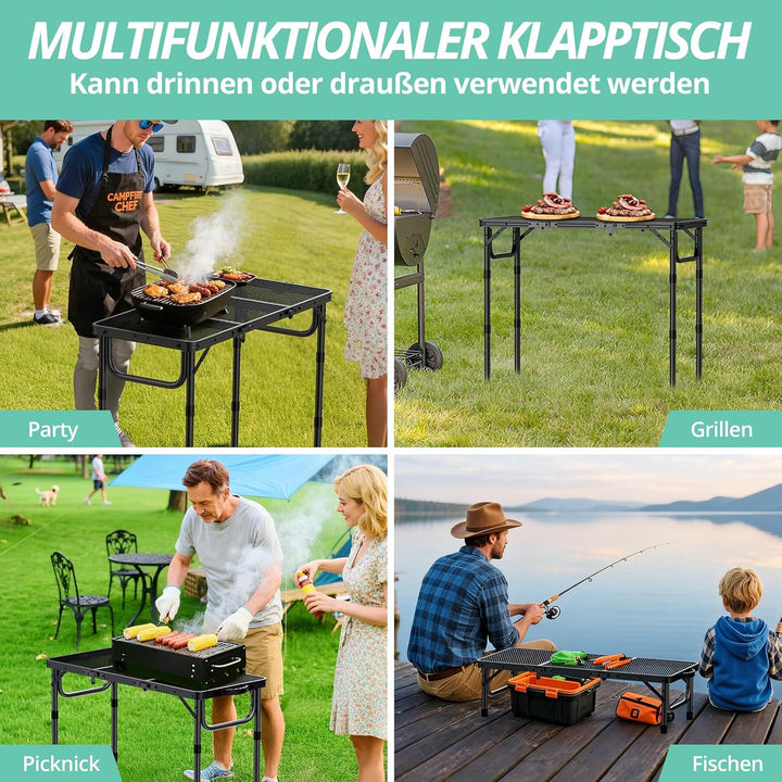 VINTEAM Campingtisch Klappbar 87x40cm - 3 Falten 3-Fach Höhenverstellbar, Aluminium Metallgitter Bei