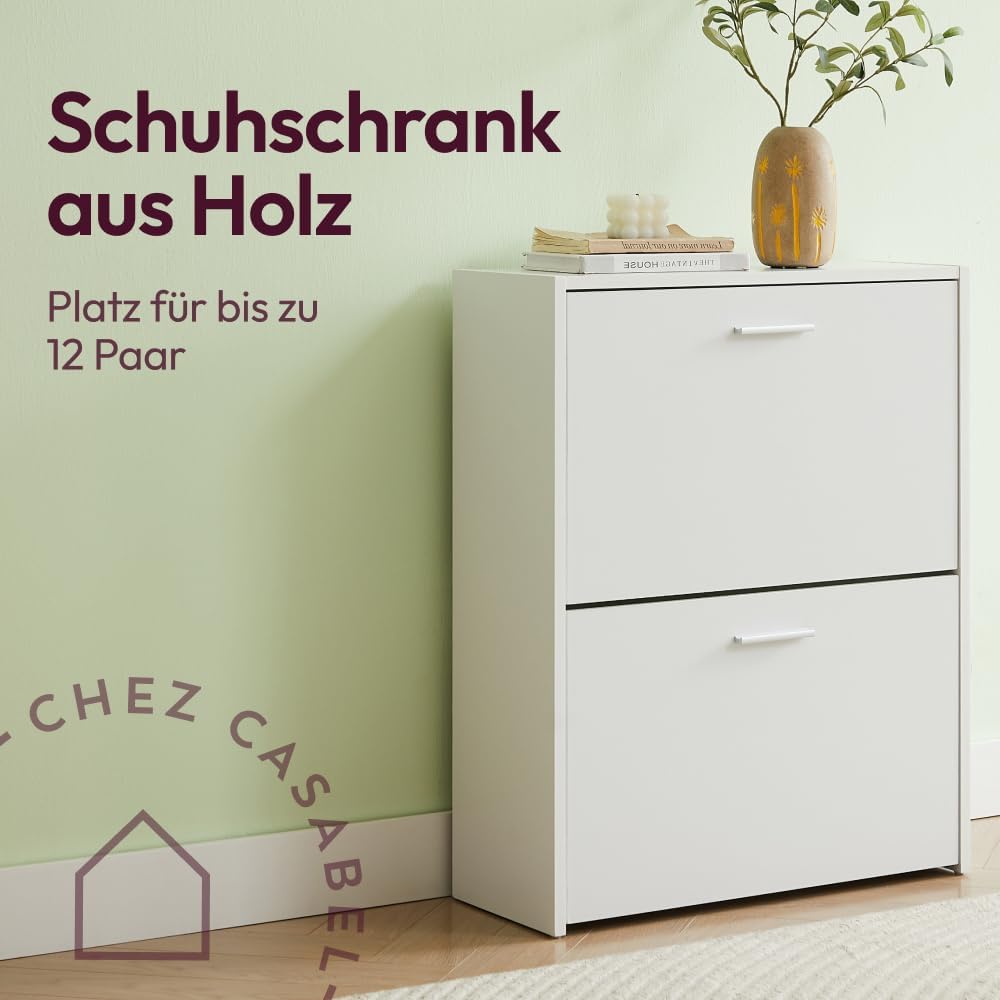 CASABEL Schuhschrank Schmal für 12 Paar Schuhe, Modernes Schuregal Holz mit 2 Klappen, Platzsparende
