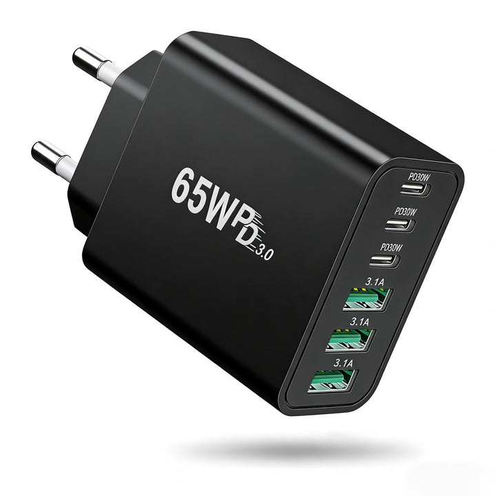 65W GaN Mehrfachladegerät 6 Port, Kompaktes USB-C Schnellladegerät mit 3×USB-C PD & 3×USB-A Anschlüs
