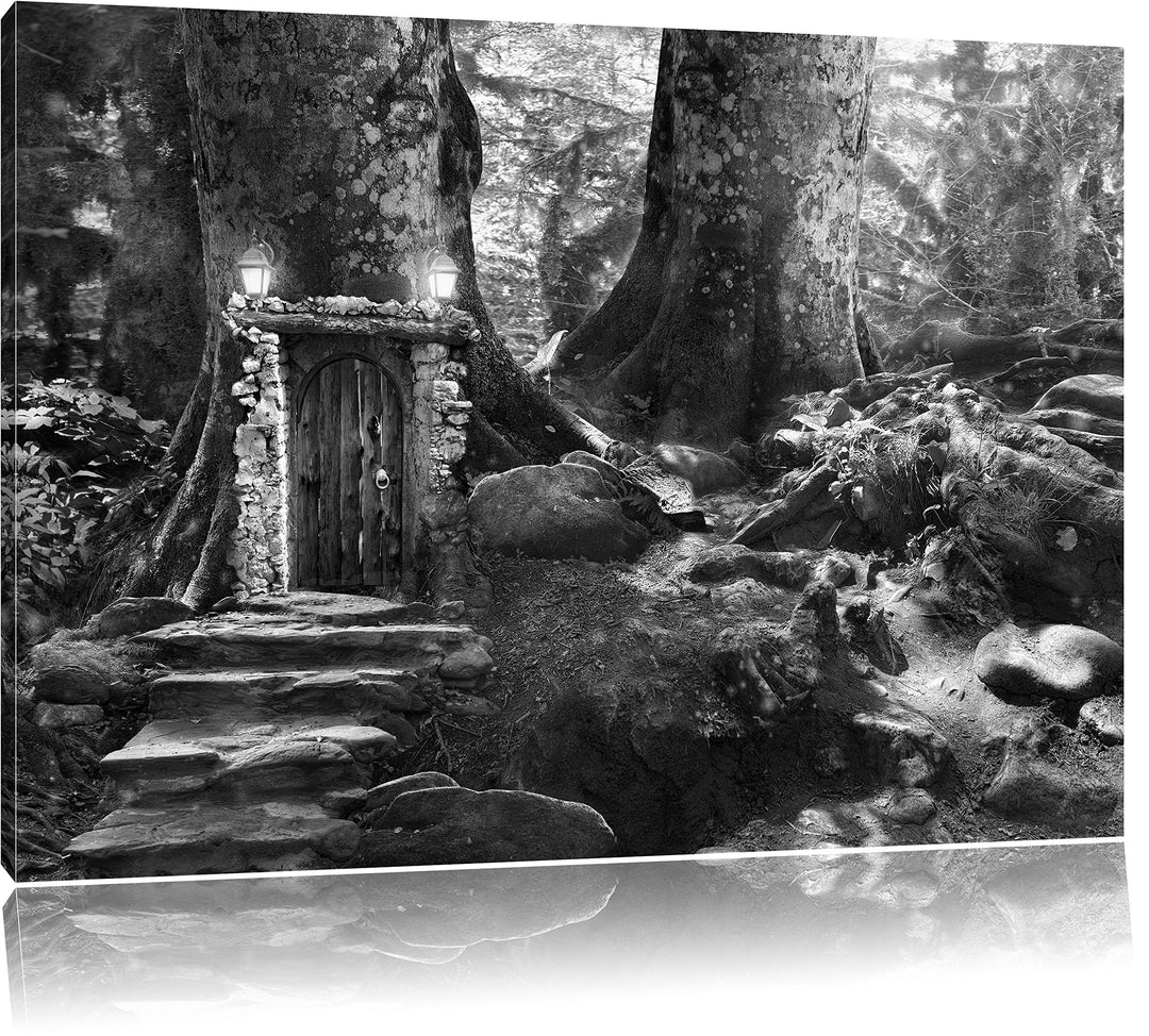 Pixxprint Geheimes Tor im Wald / 100x70cm Leinwandbild bespannt auf Holzrahmen/Wandbild Kunstdruck D