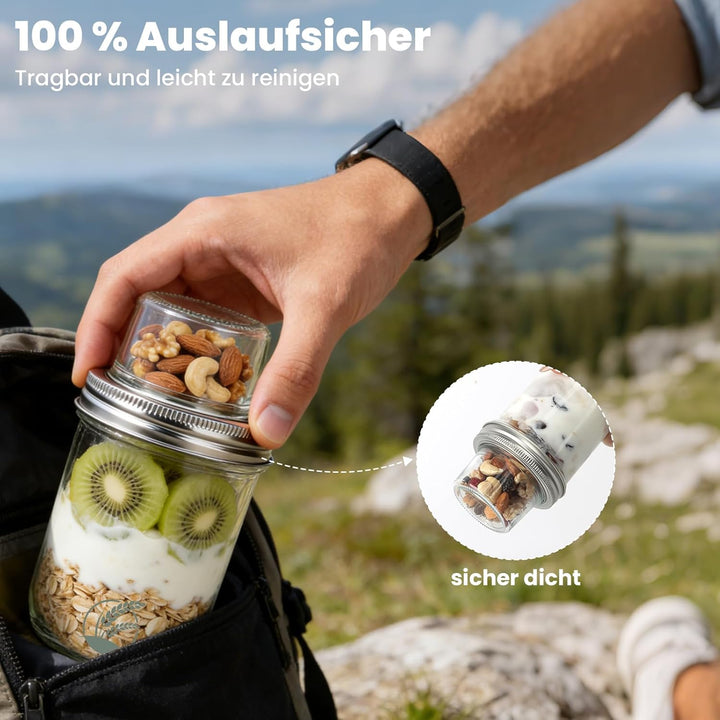 2 Stück Müslibecher to go, 500ml+100ml Joghurtbecher to go, Doppelschicht Auslaufsicherer Overnight
