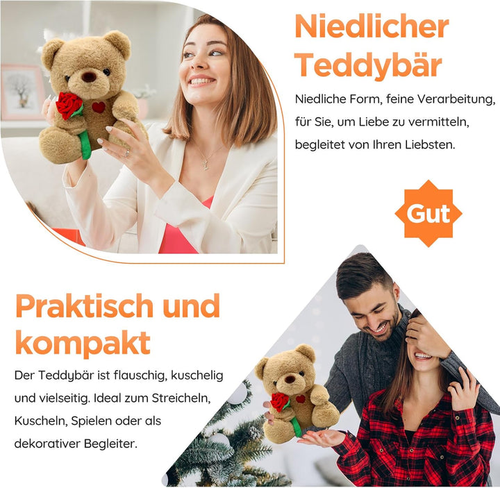Teddybär, Teddy mit Rose 25cm, Plüsch-Bär Teddy Kuscheltier, Muttertagsgeschenke für Mama, Süsser St